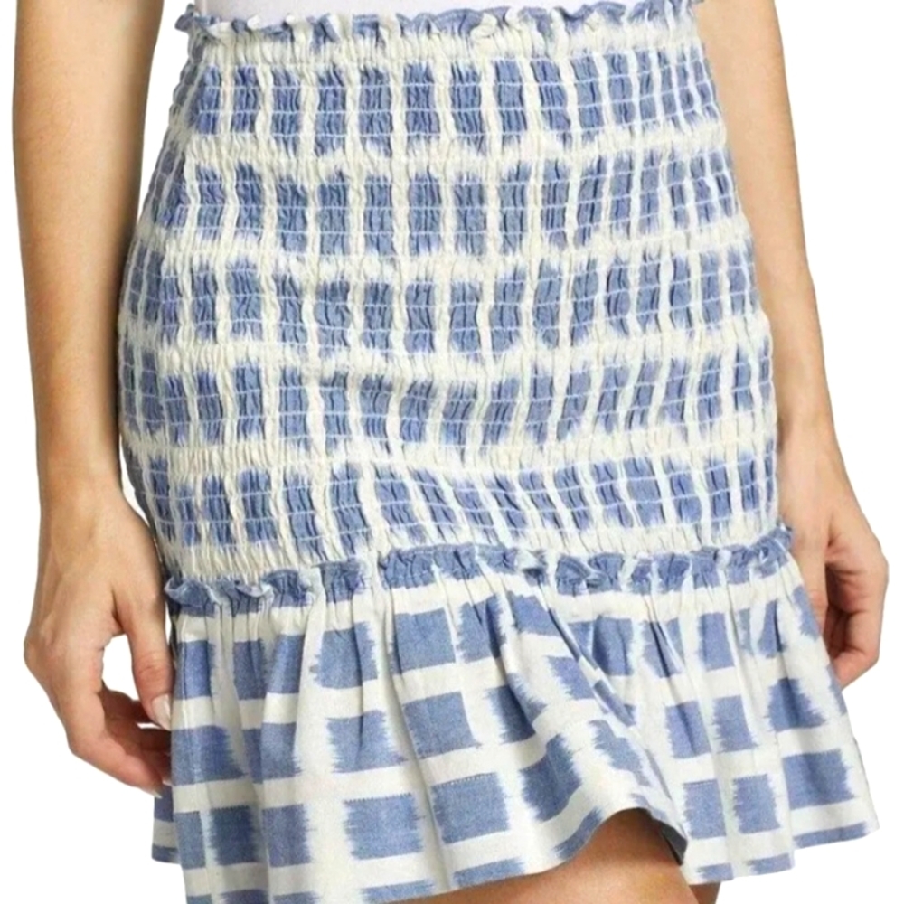 Veronica Beard Women's Blue Aloya Smocked Mini Skirt Ecru Multi Small NWT $345